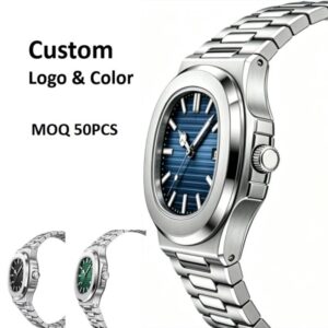Men's Square Cushion Quartz Watch, Blue Striped Dial Stainless Steel Bracelet Wrist Watch, Custom Logo OEM Watch