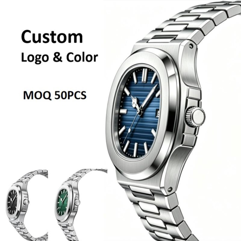Men's Square Cushion Quartz Watch, Blue Striped Dial Stainless Steel Bracelet Wrist Watch, Custom Logo OEM Watch