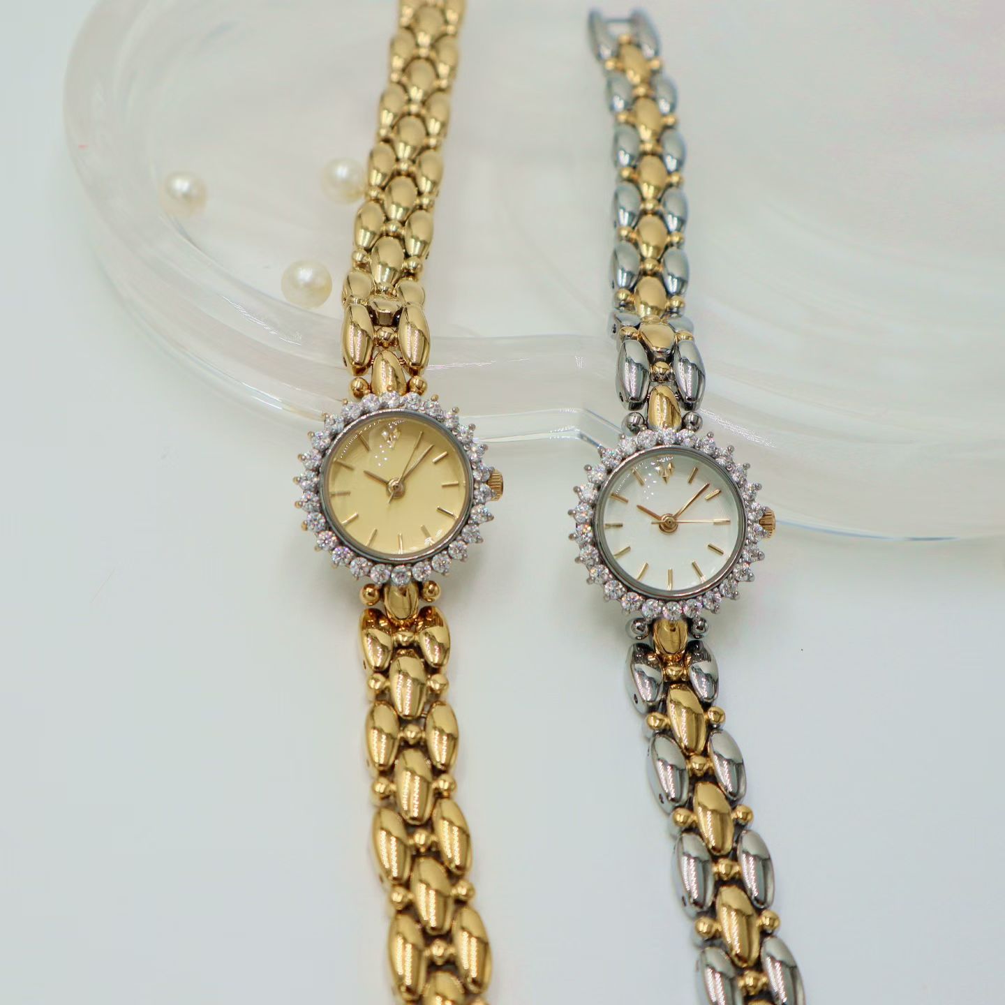 Vintage Two-Tone Crystal Bezel Ladies Dress Watch with Japanese Quartz Movement