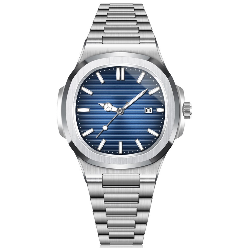 Men's Square Cushion Quartz Watch, Blue Striped Dial Stainless Steel Bracelet Wrist Watch, Custom Logo OEM Watch - Image 2