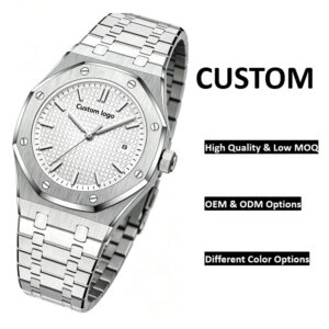 Men Octagon Bezel Sports Quartz Watch, Black Grid Texture Dial Stainless Steel Bracelet Wrist Watch, Custom Logo OEM ODM Low MOQ Wholesale