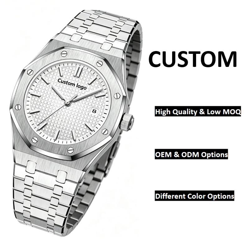 Men Octagon Bezel Sports Quartz Watch, Black Grid Texture Dial Stainless Steel Bracelet Wrist Watch, Custom Logo OEM ODM Low MOQ Wholesale