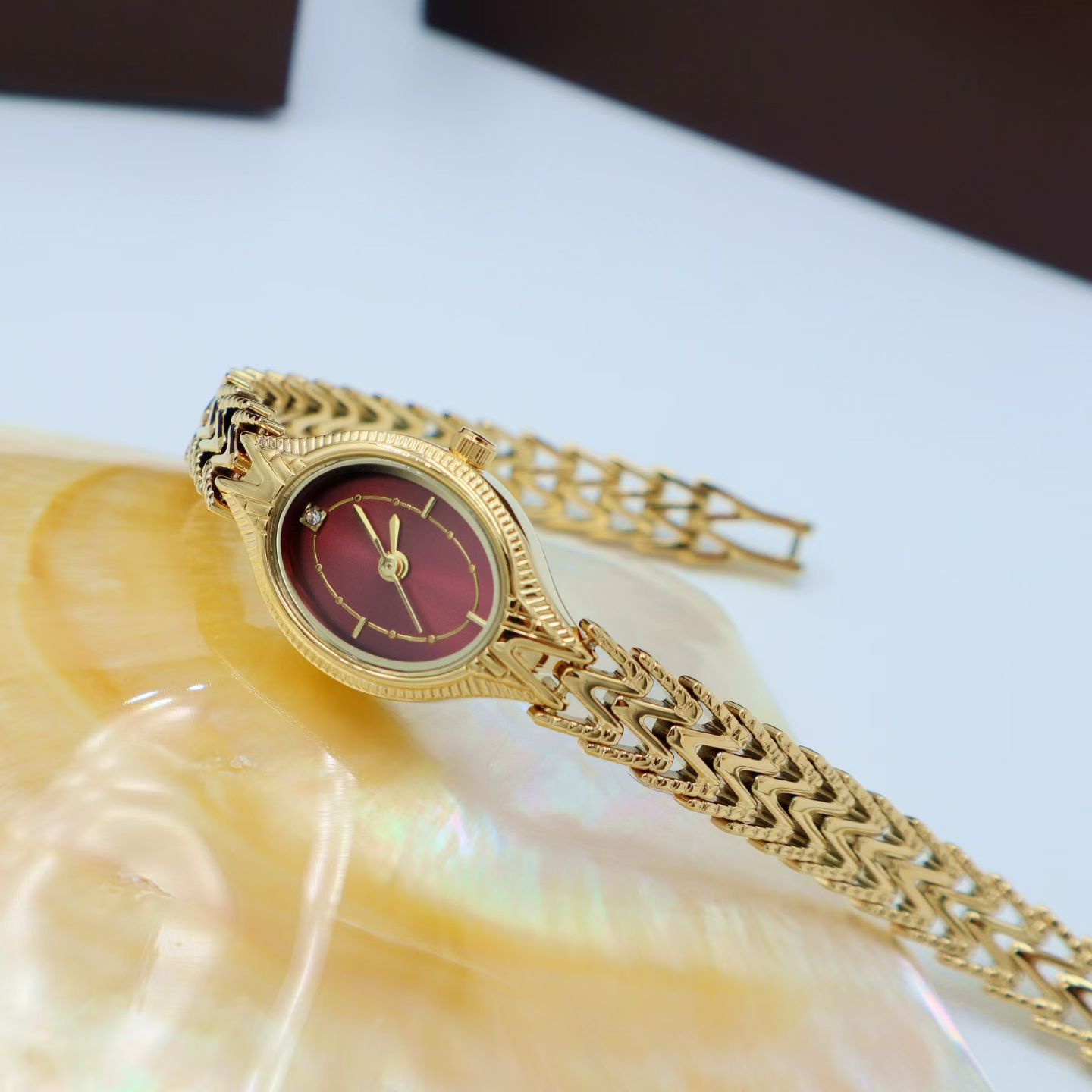 Vintage Chevron Oval Brass Ladies Dress Watch with Japanese Quartz Movement - Image 3
