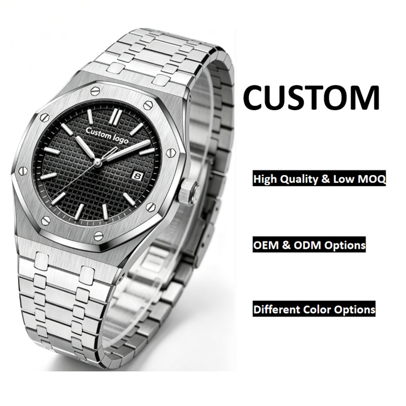 Men Octagon Bezel Sports Quartz Watch, Black Grid Texture Dial Stainless Steel Bracelet Wrist Watch, Custom Logo OEM ODM Low MOQ Wholesale - Image 2