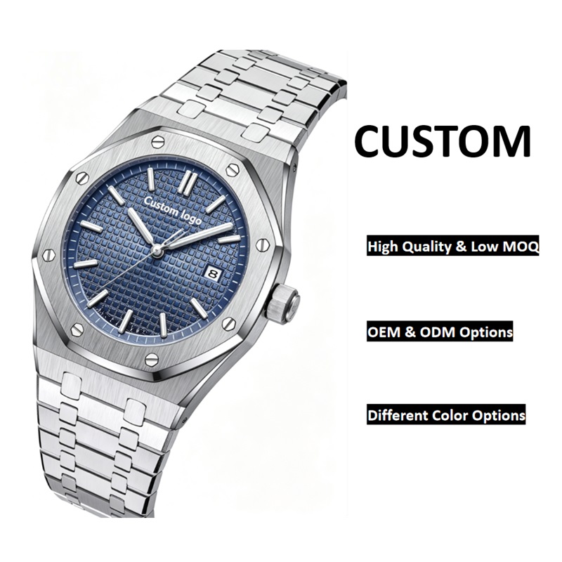 Men Octagon Bezel Sports Quartz Watch, Black Grid Texture Dial Stainless Steel Bracelet Wrist Watch, Custom Logo OEM ODM Low MOQ Wholesale - Image 4