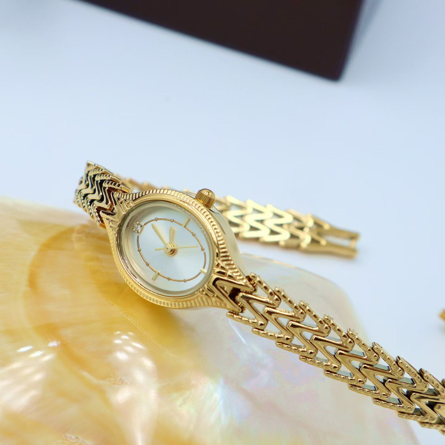 Vintage Chevron Oval Brass Ladies Dress Watch with Japanese Quartz Movement