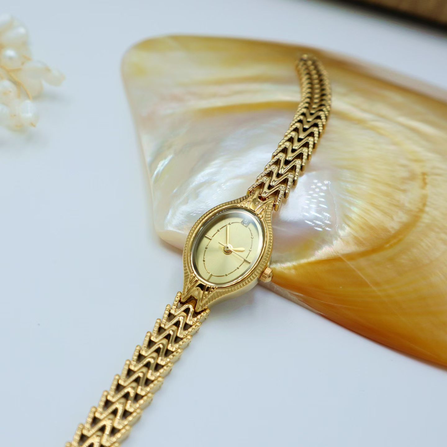 Vintage Chevron Oval Brass Ladies Dress Watch with Japanese Quartz Movement - Image 2