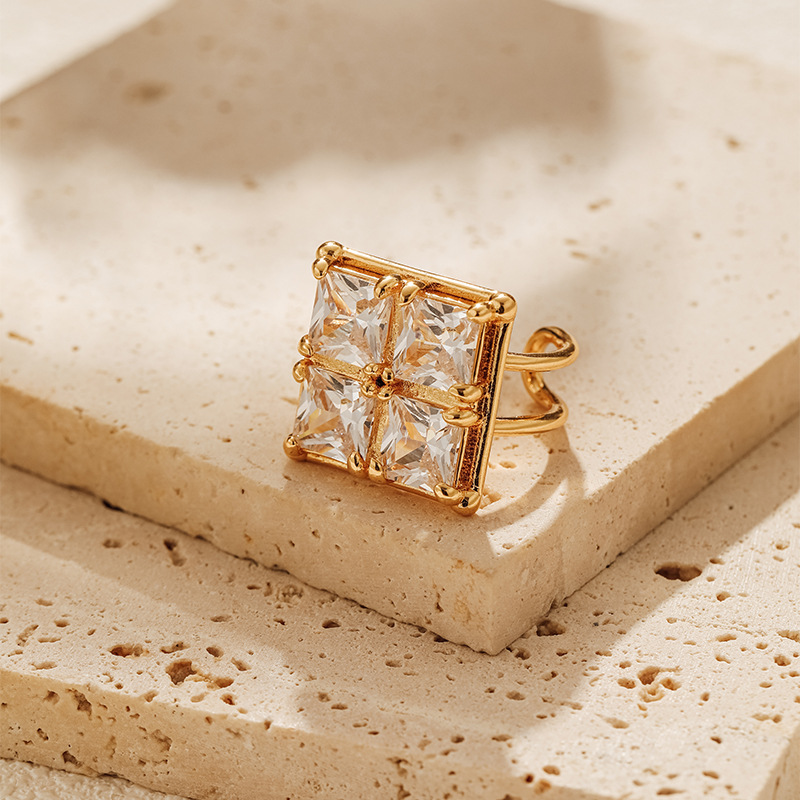 18K Gold Plated Brass Open Ring, Square 4 Stone Cubic Zirconia Statement Adjustable Ring, Custom Logo Wholesale Jewelry - Image 2