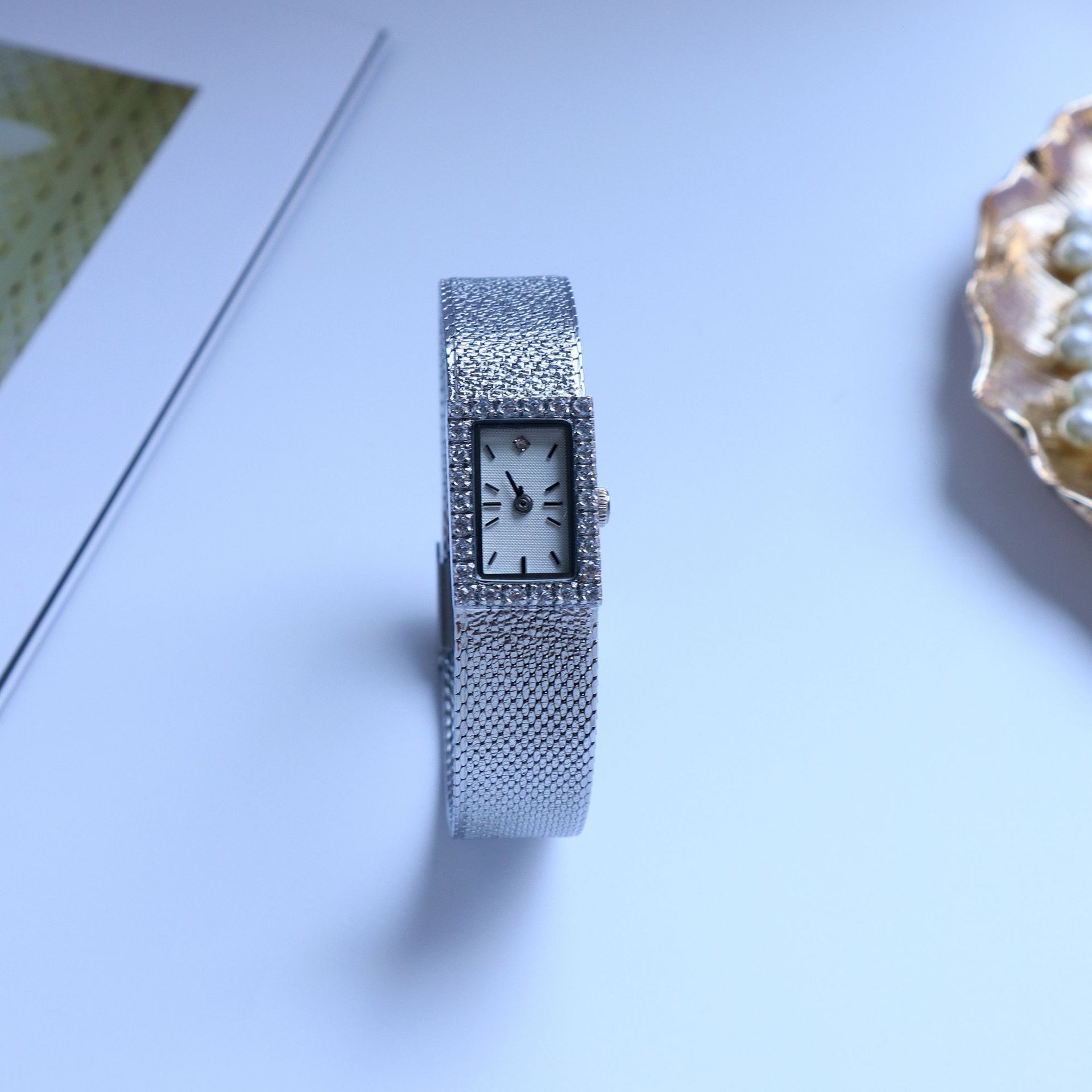 Vintage Rectangular Mesh Brass Ladies Watch, Crystal Paved Bezel Gold Mesh Bracelet Dress Watch for Women, Japanese Quartz Movement - Image 3