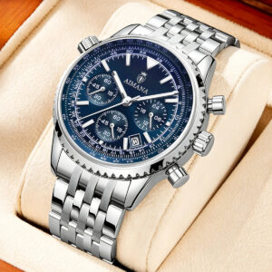 Men Multi-Function Chronograph Quartz Watch, Deep Blue Dial Tachymeter Bezel Stainless Steel Bracelet Custom Logo OEM Wrist Watch