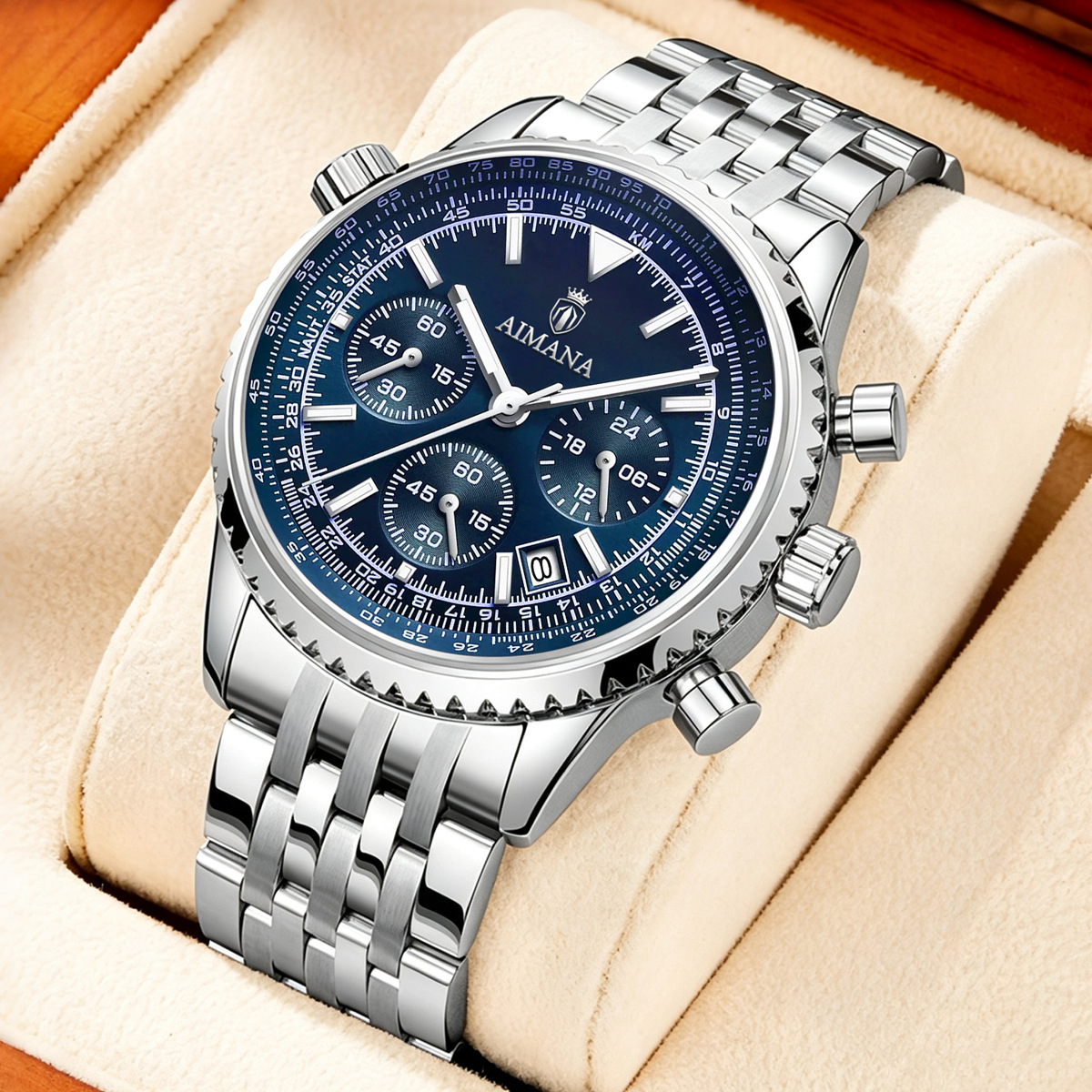 Men Multi-Function Chronograph Quartz Watch, Deep Blue Dial Tachymeter Bezel Stainless Steel Bracelet Custom Logo OEM Wrist Watch