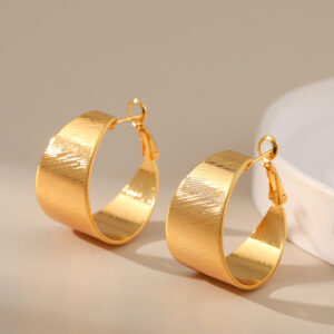 18K Real Gold Plated Brass Wide Band Textured Hoop Ear Clips Minimalist European Style Metallic Luxury Earrings for Women