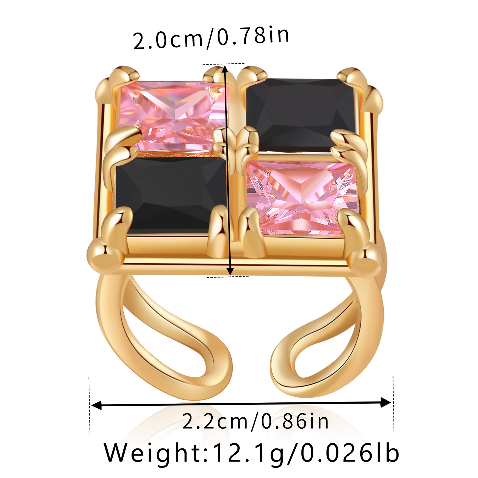 18K Gold Plated Brass Open Ring, Square 4 Stone Cubic Zirconia Statement Adjustable Ring, Custom Logo Wholesale Jewelry - Image 4