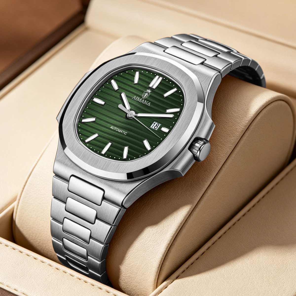 Rose Gold Tonneau Shape Men Automatic Watch, Brown Strip Dial Stainless Steel Integrated Bracelet Custom Logo OEM Wrist Watch - Image 3