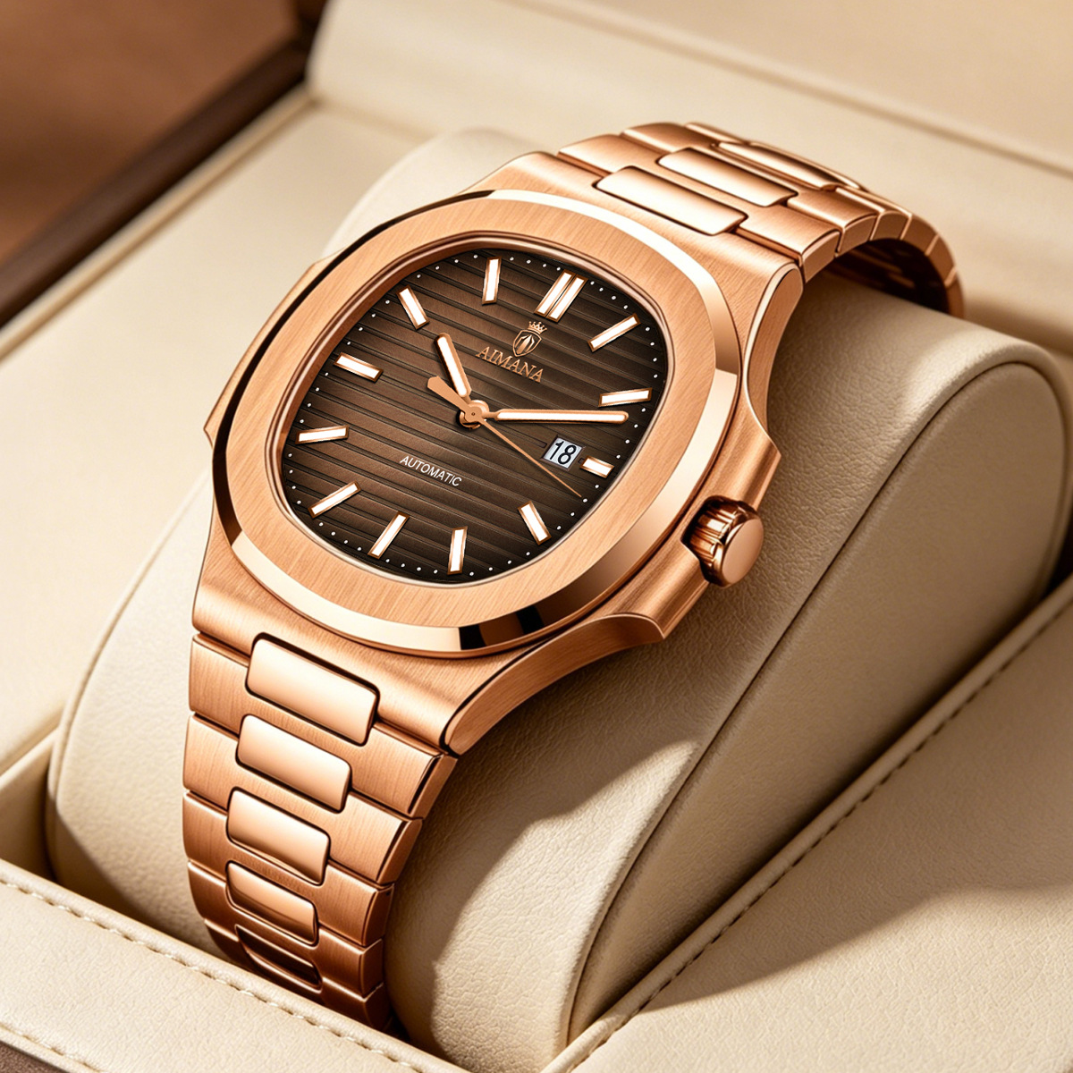 Rose Gold Tonneau Shape Men Automatic Watch, Brown Strip Dial Stainless Steel Integrated Bracelet Custom Logo OEM Wrist Watch - Image 2