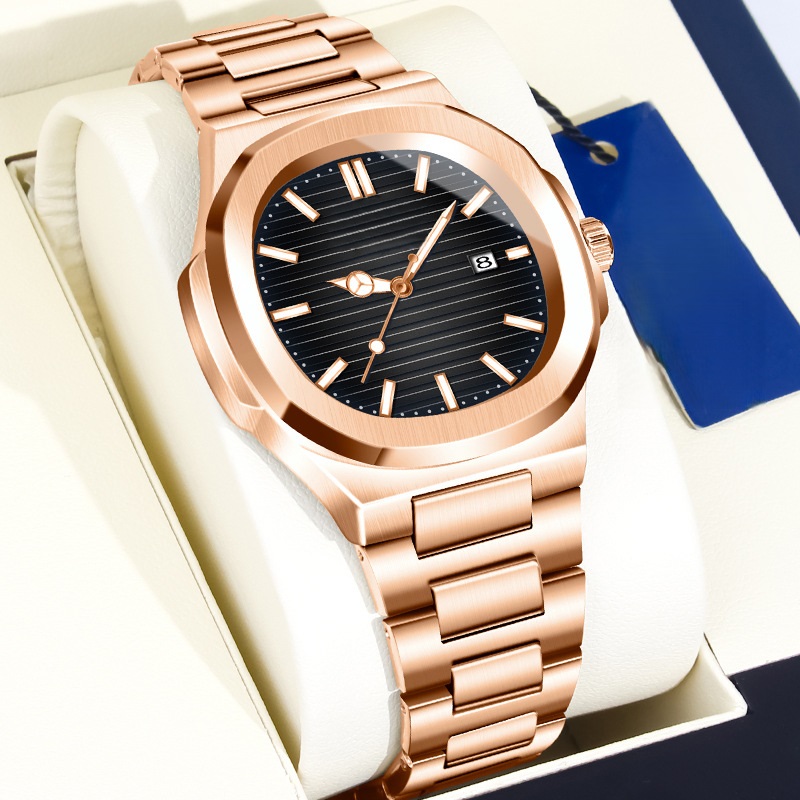 Men's Square Cushion Quartz Watch, Blue Striped Dial Stainless Steel Bracelet Wrist Watch, Custom Logo OEM Watch - Image 4