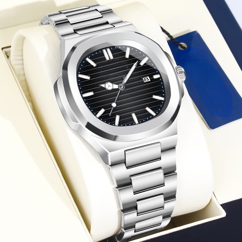 Men's Square Cushion Quartz Watch, Blue Striped Dial Stainless Steel Bracelet Wrist Watch, Custom Logo OEM Watch - Image 3
