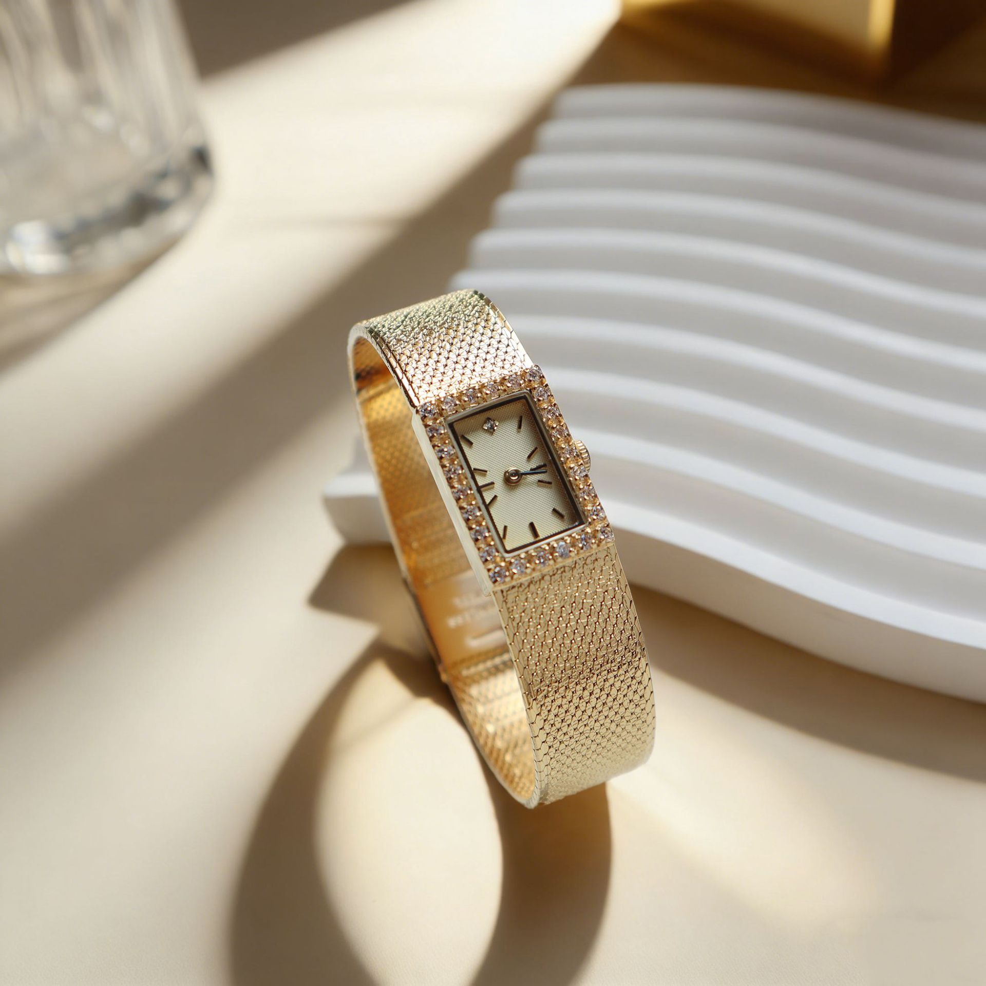 Vintage Rectangular Mesh Brass Ladies Watch, Crystal Paved Bezel Gold Mesh Bracelet Dress Watch for Women, Japanese Quartz Movement