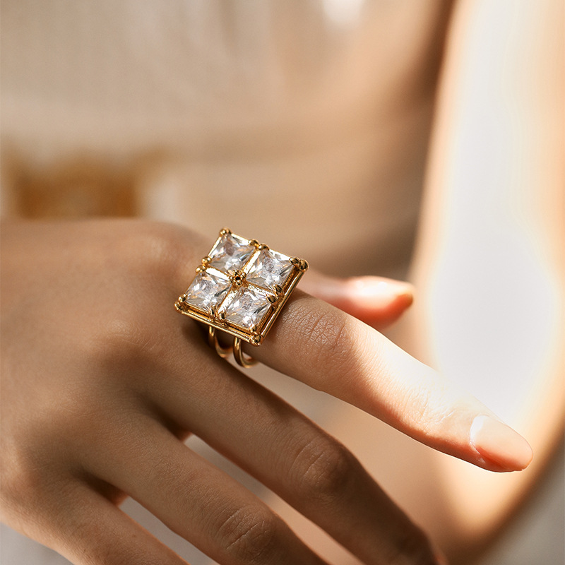 18K Gold Plated Brass Open Ring, Square 4 Stone Cubic Zirconia Statement Adjustable Ring, Custom Logo Wholesale Jewelry