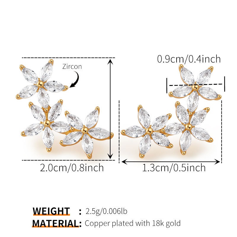 Dainty Small Flower Cubic Zirconia Stud Earrings 18K Real Gold Plated Brass Luxury Earrings - Image 4