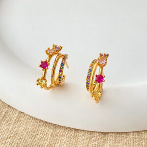 Dainty Rose Flower C Shape Cubic Zirconia Hoop Earrings 18K Real Gold Plated Brass Luxury Earrings