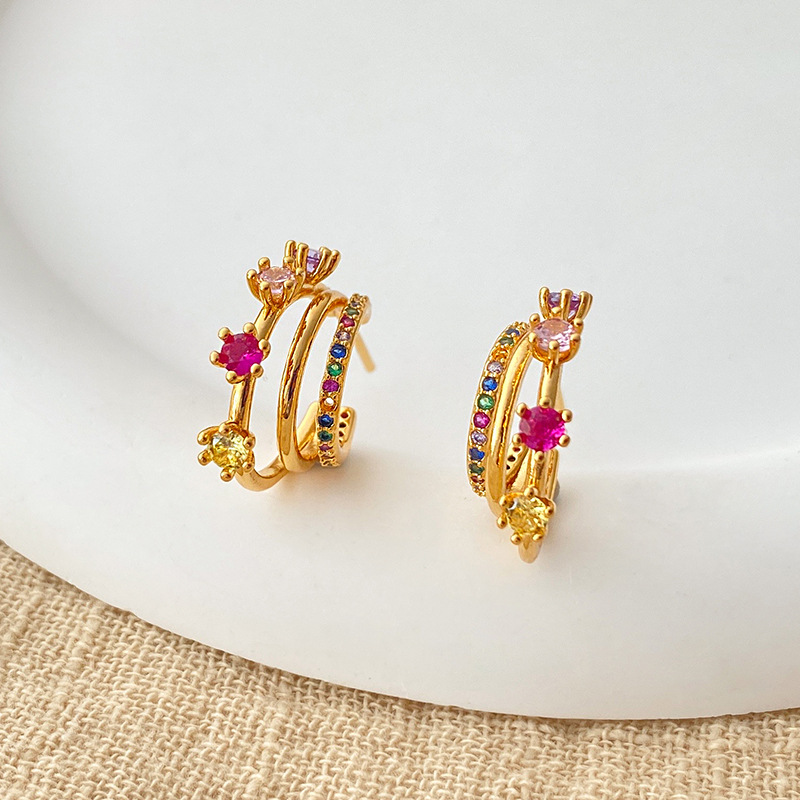 Dainty Rose Flower C Shape Cubic Zirconia Hoop Earrings 18K Real Gold Plated Brass Luxury Earrings