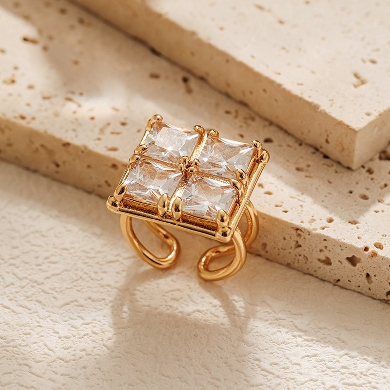 18K Gold Plated Brass Open Ring, Square 4 Stone Cubic Zirconia Statement Adjustable Ring, Custom Logo Wholesale Jewelry - Image 5