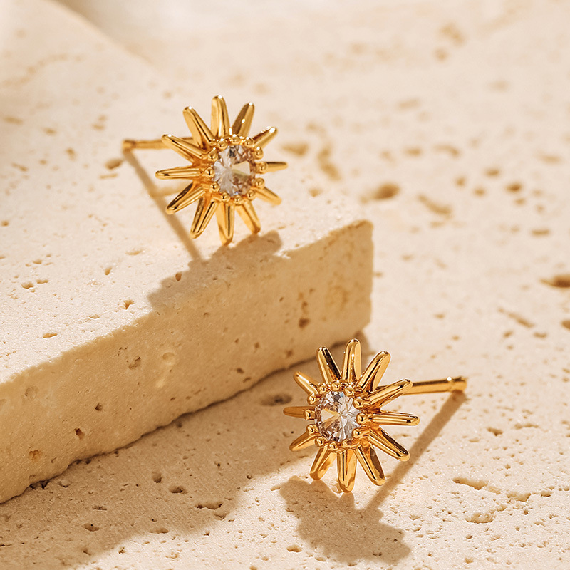 18K Gold Plated Brass Sunburst Cubic Zirconia Stud Earrings Dainty INS Sunflower Earrings for Women
