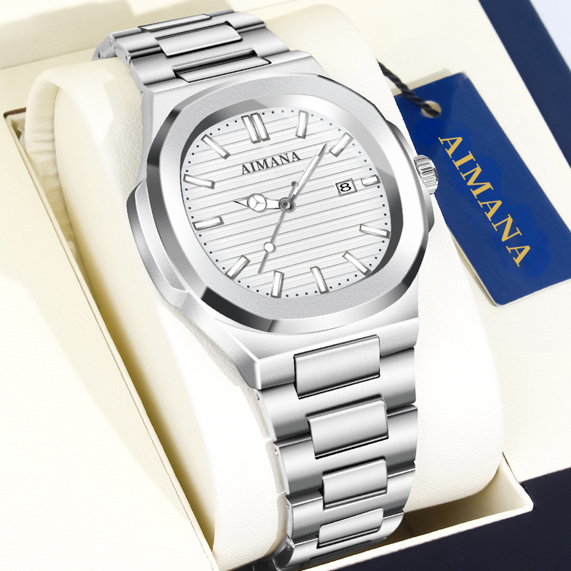 Men's Square Cushion Quartz Watch, Blue Striped Dial Stainless Steel Bracelet Wrist Watch, Custom Logo OEM Watch - Image 5
