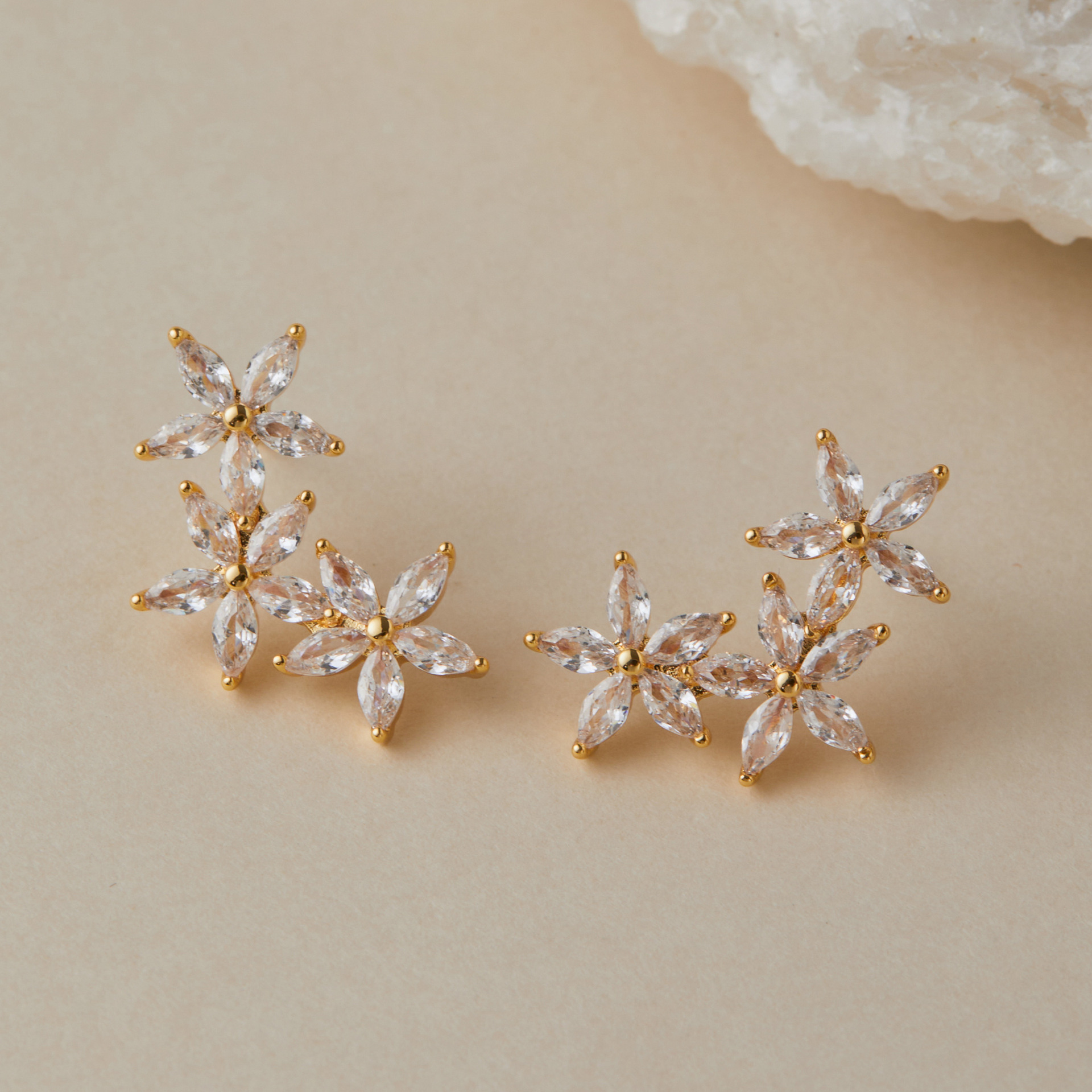 Dainty Small Flower Cubic Zirconia Stud Earrings 18K Real Gold Plated Brass Luxury Earrings - Image 3