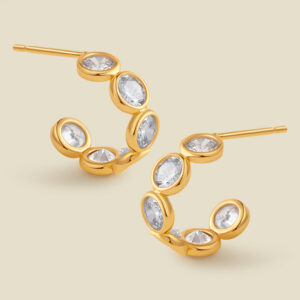 18K Real Gold Plated Brass C Shape Cubic Zirconia Hoop Earrings Bezel Set Multi Stone Half Hoop Earrings for Women
