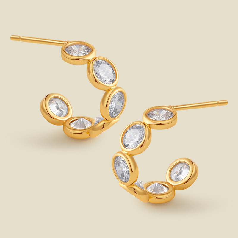 18K Real Gold Plated Brass C Shape Cubic Zirconia Hoop Earrings Bezel Set Multi Stone Half Hoop Earrings for Women