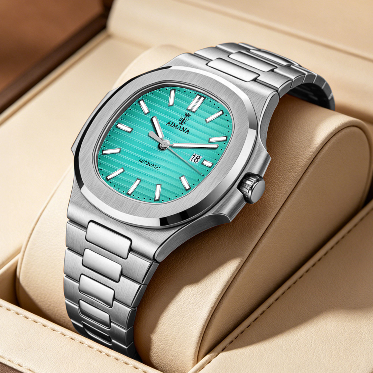 Rose Gold Tonneau Shape Men Automatic Watch, Brown Strip Dial Stainless Steel Integrated Bracelet Custom Logo OEM Wrist Watch - Image 5