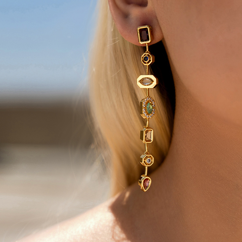18K Real Gold Plated Brass Long Multicolor Cubic Zirconia Drop Earrings Tassel Design Luxury Statement Dangle Earrings for Women