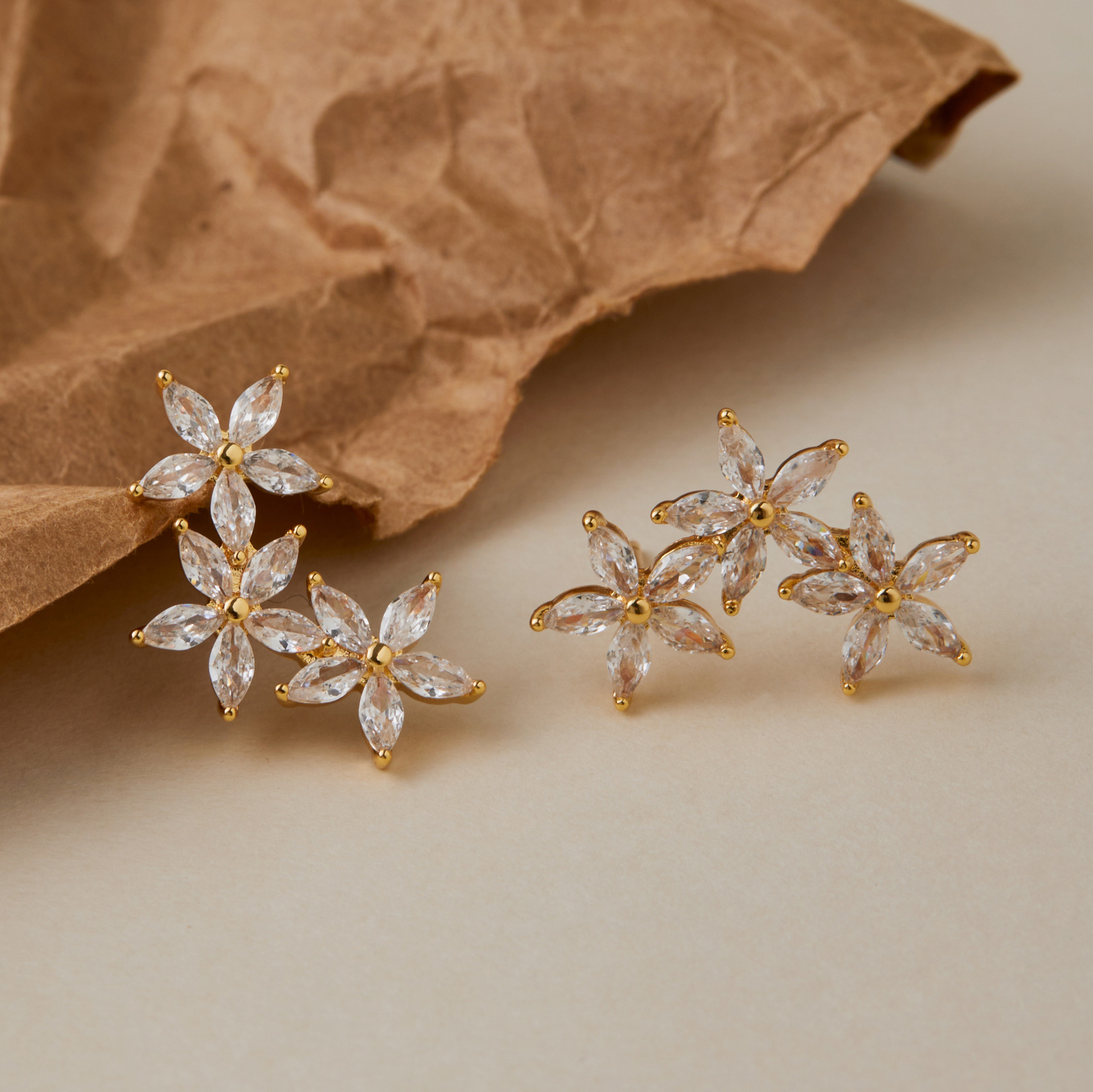 Dainty Small Flower Cubic Zirconia Stud Earrings 18K Real Gold Plated Brass Luxury Earrings