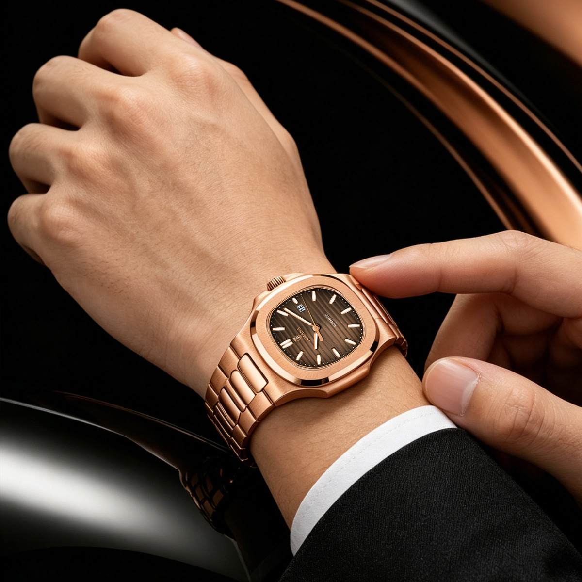 Rose Gold Tonneau Shape Men Automatic Watch, Brown Strip Dial Stainless Steel Integrated Bracelet Custom Logo OEM Wrist Watch