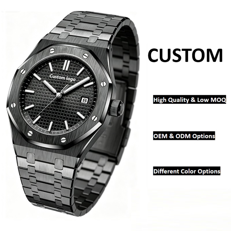 Men Octagon Bezel Sports Quartz Watch, Black Grid Texture Dial Stainless Steel Bracelet Wrist Watch, Custom Logo OEM ODM Low MOQ Wholesale - Image 3