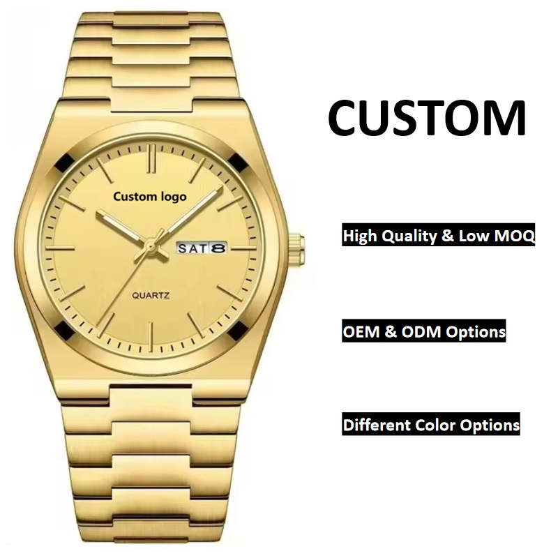 Gold Tone Men's Geometric Case Day-Date Quartz Watch, Stainless Steel Bracelet Custom Logo OEM Wrist Watch - Image 5