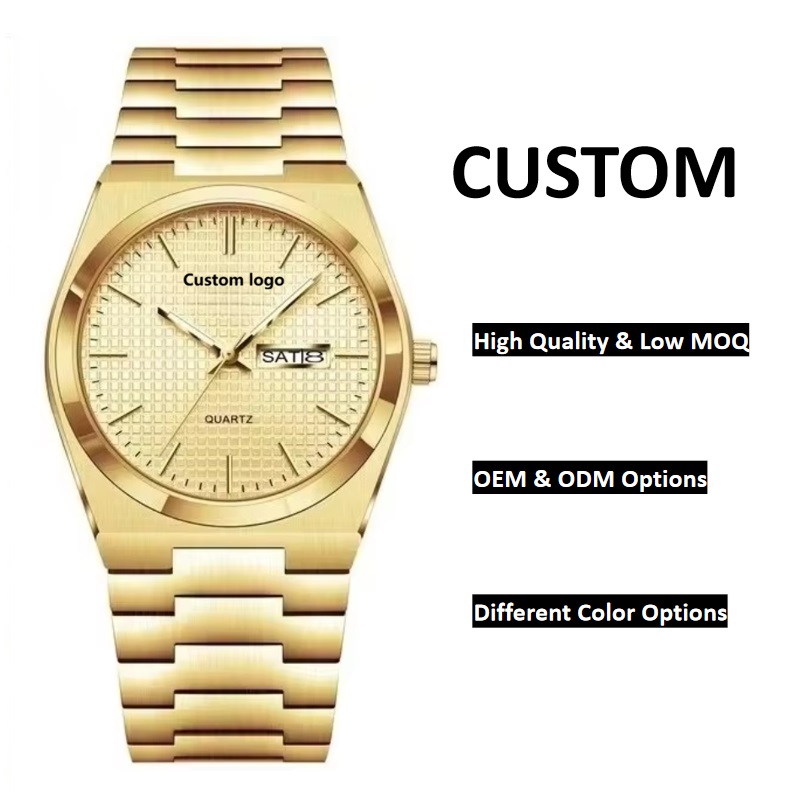 Gold Tone Men's Geometric Case Day-Date Quartz Watch, Stainless Steel Bracelet Custom Logo OEM Wrist Watch