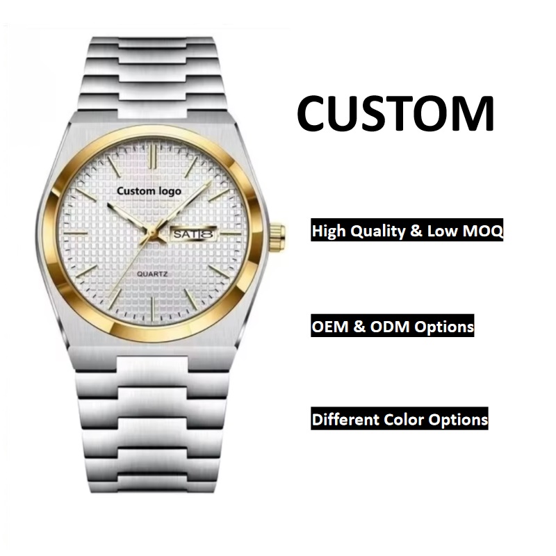 Gold Tone Men's Geometric Case Day-Date Quartz Watch, Stainless Steel Bracelet Custom Logo OEM Wrist Watch - Image 3