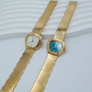 Vintage Cushion Shape Brass Ladies Watch, Retro Wavy Textured Gold Bracelet Dress Watch with Blue & White Dial, Japanese Quartz Movement