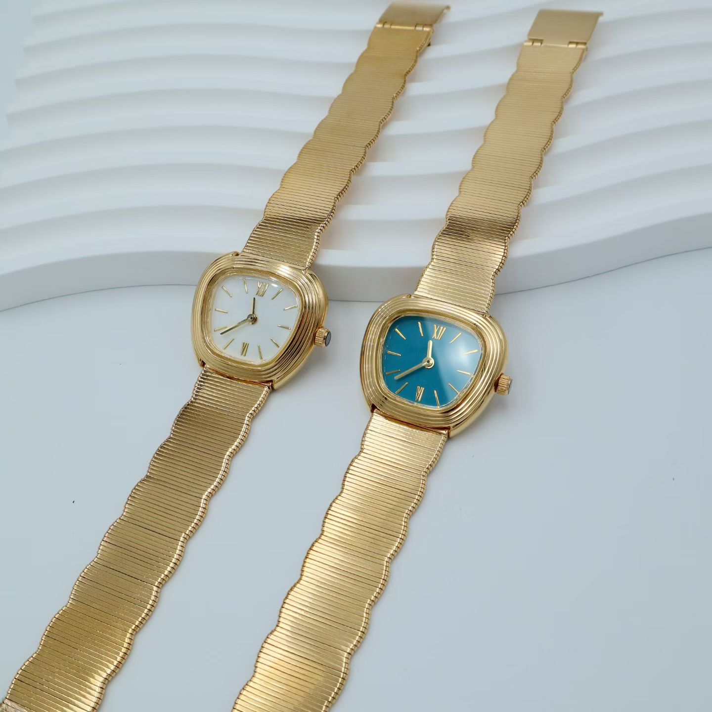 Vintage Cushion Shape Brass Ladies Watch, Retro Wavy Textured Gold Bracelet Dress Watch with Blue & White Dial, Japanese Quartz Movement