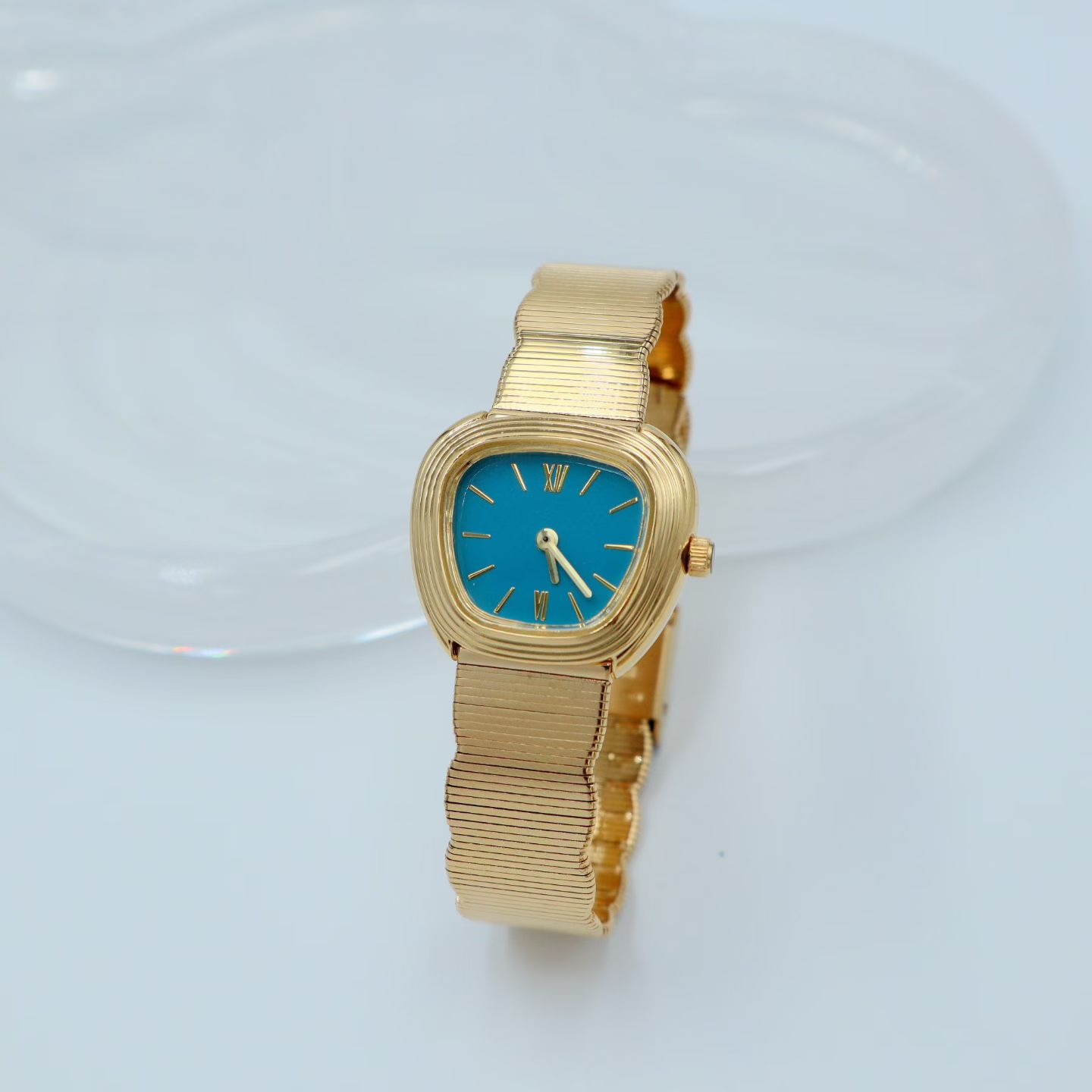 Vintage Cushion Shape Brass Ladies Watch, Retro Wavy Textured Gold Bracelet Dress Watch with Blue & White Dial, Japanese Quartz Movement - Image 2