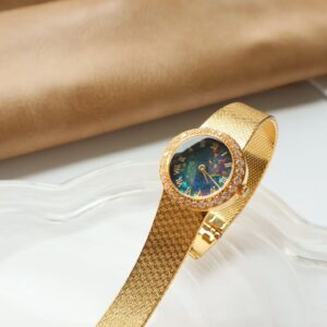 Vintage Round Brass Ladies Watch with Natural Opal Dial, Crystal Bezel Textured Mesh Bracelet Women Dress Watch, Japanese Quartz Movement