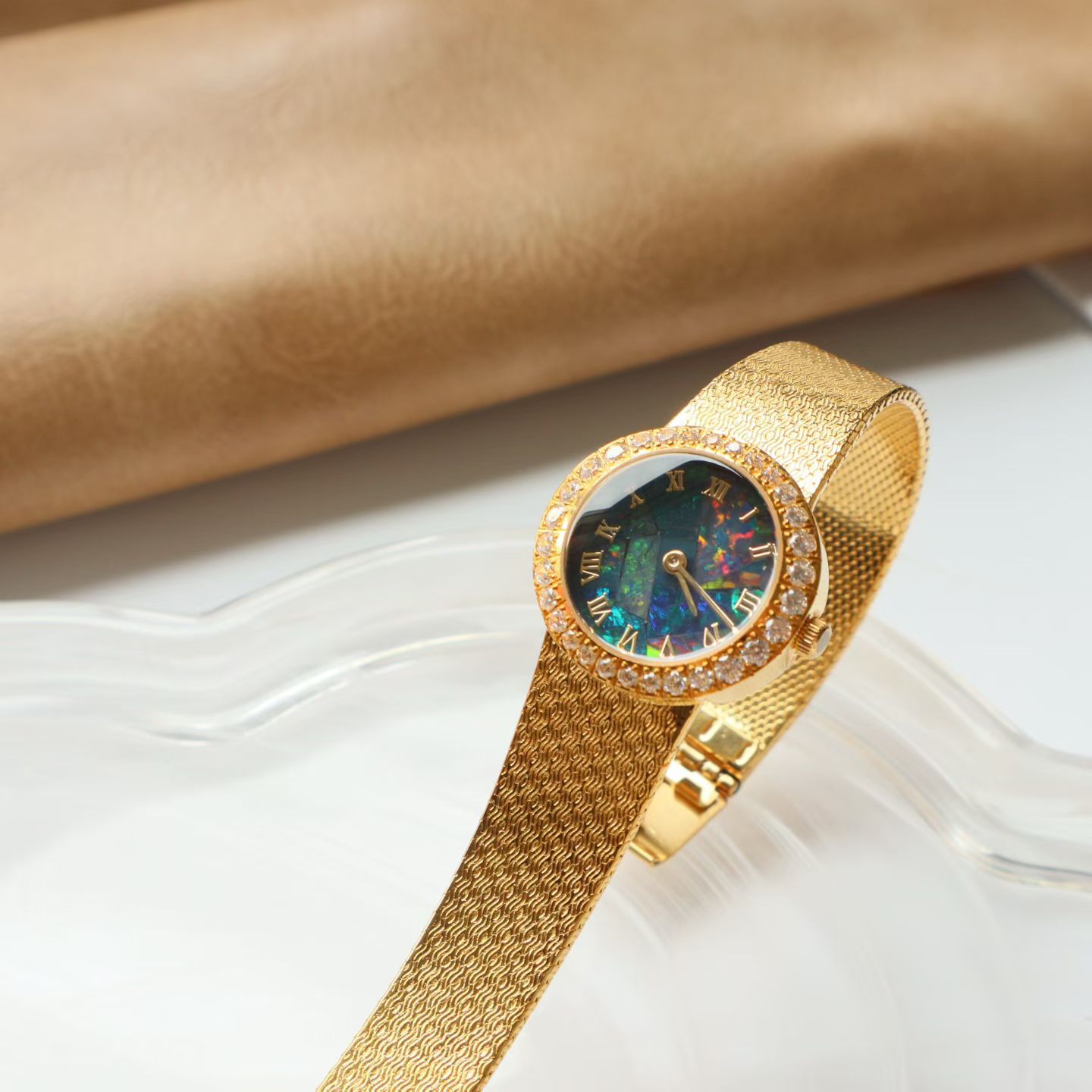 Vintage Round Brass Ladies Watch with Natural Opal Dial, Crystal Bezel Textured Mesh Bracelet Women Dress Watch, Japanese Quartz Movement