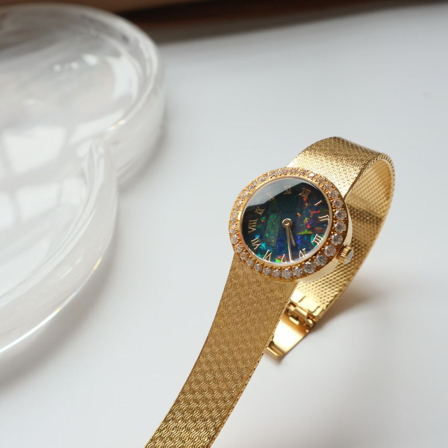 Vintage Round Brass Ladies Watch with Natural Opal Dial, Crystal Bezel Textured Mesh Bracelet Women Dress Watch, Japanese Quartz Movement - Image 4