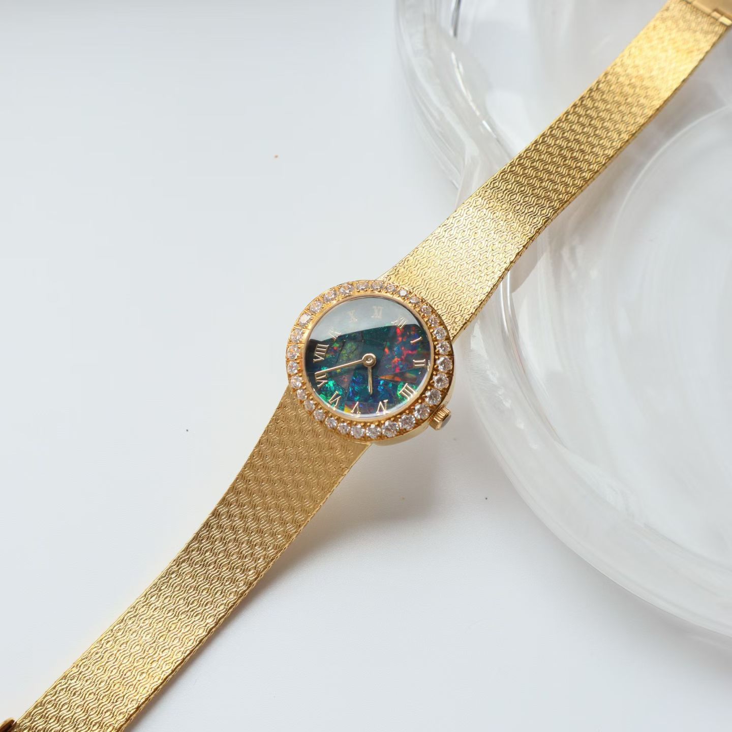 Vintage Round Brass Ladies Watch with Natural Opal Dial, Crystal Bezel Textured Mesh Bracelet Women Dress Watch, Japanese Quartz Movement - Image 2