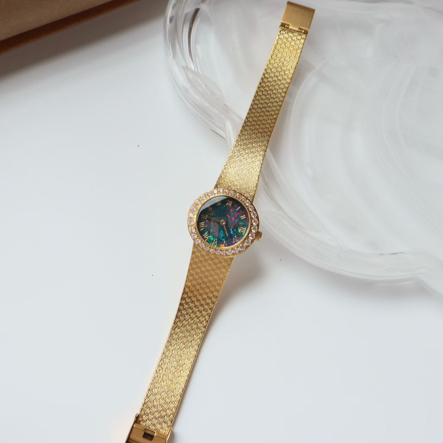 Vintage Round Brass Ladies Watch with Natural Opal Dial, Crystal Bezel Textured Mesh Bracelet Women Dress Watch, Japanese Quartz Movement - Image 3