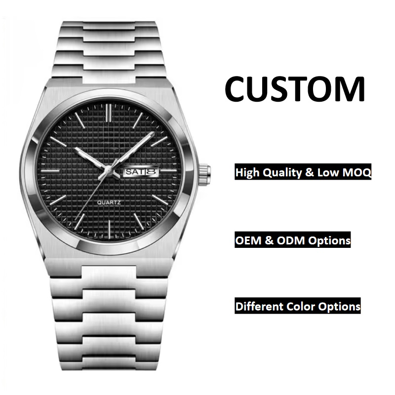 Gold Tone Men's Geometric Case Day-Date Quartz Watch, Stainless Steel Bracelet Custom Logo OEM Wrist Watch - Image 4