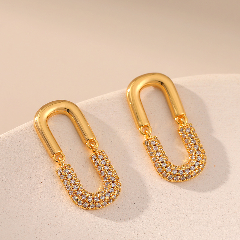 18K Gold Plated Brass U Shape Cubic Zirconia Drop Earrings, Paperclip Linked Dangle Earrings for Women - Image 2